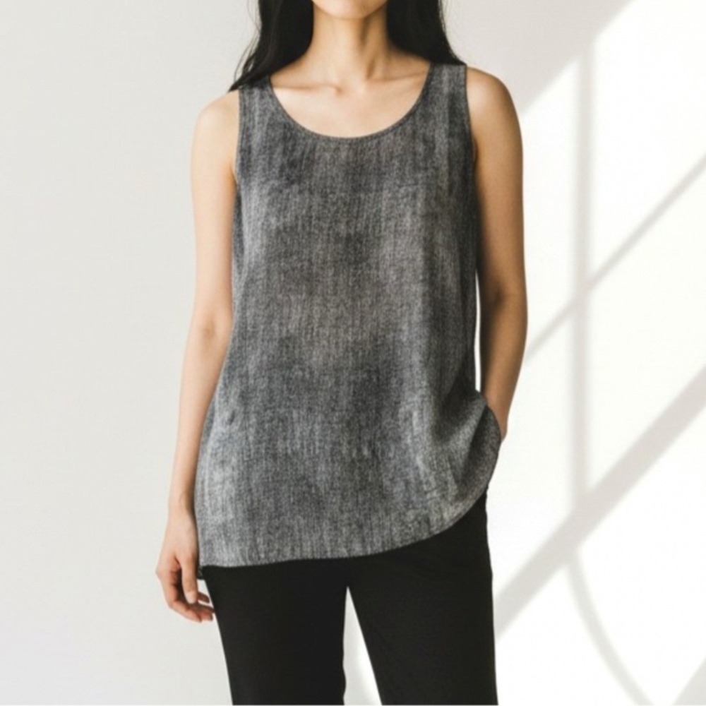 Eileen Fisher 100% Silk Hazy Print Scoop Neck Tank Top Black Grey Small